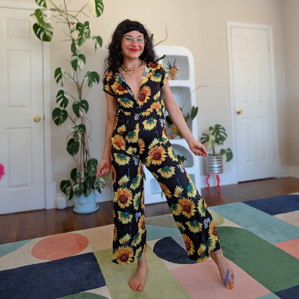 Sunflower Print Black Wide-Leg Jumpsuit